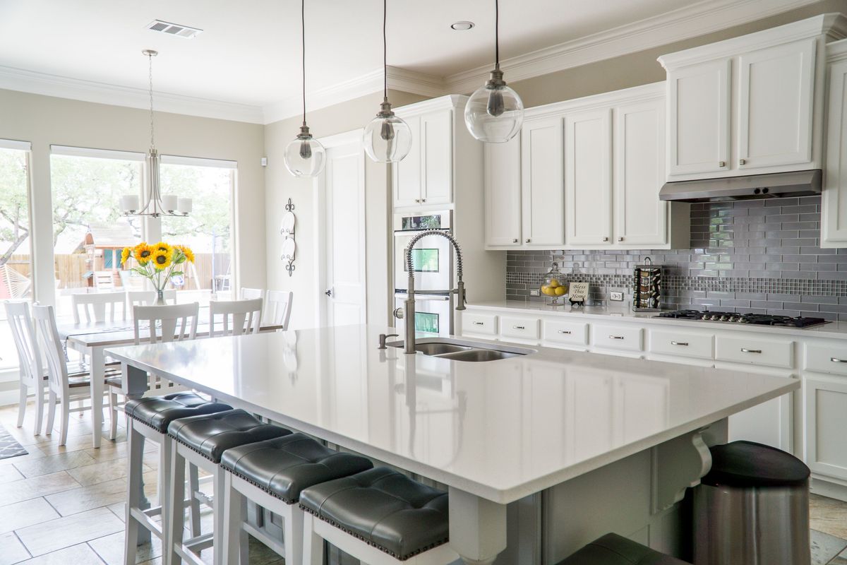 Stone-look tile flooring in a bright kitchen